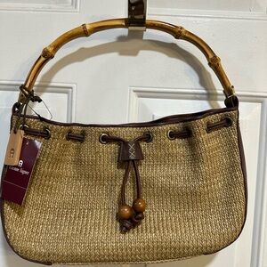 Etienne Aigner Tan Woven Shoulder Bag with Bamboo Handle
